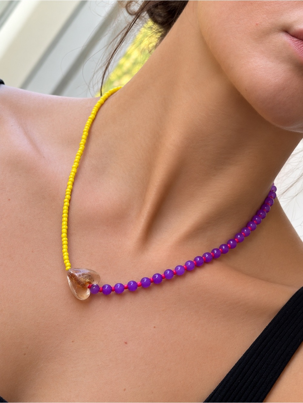 Vibrant Yellow & Purple Beaded Necklace with Glass Heart Accent